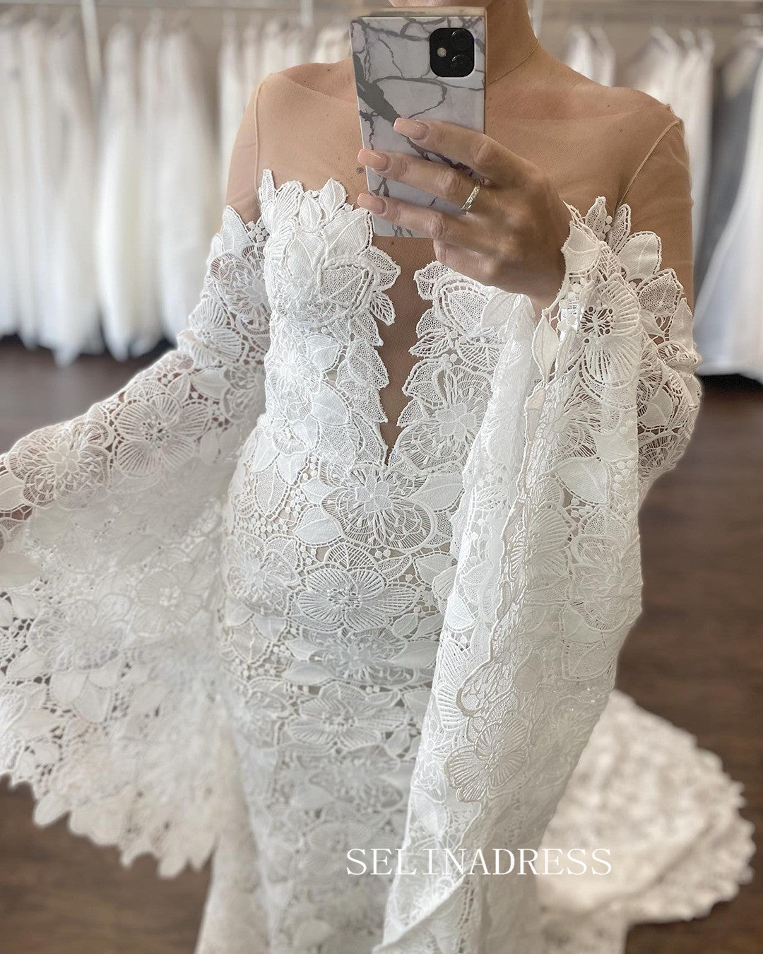 Vintage Mermaid Long Sleeve White Lace Wedding Dress With Sweep Train EWR400|Selinadress