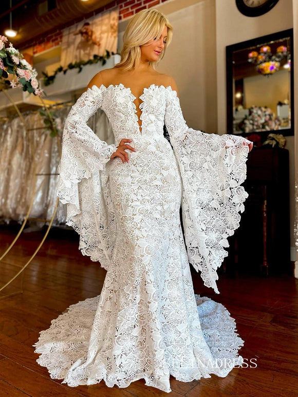 Vintage Mermaid Long Sleeve White Lace Wedding Dress With Sweep Train  EWR400|Selinadress