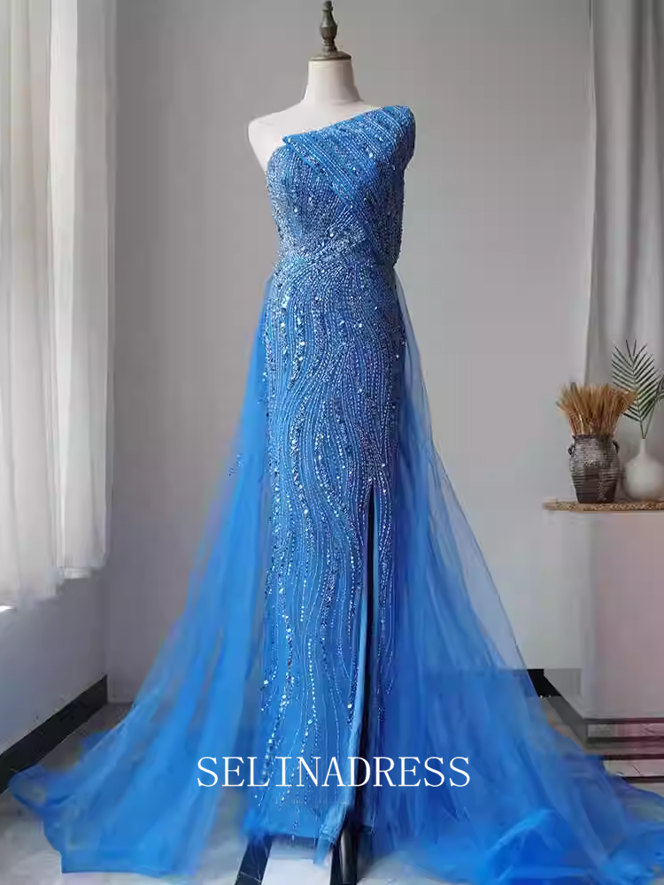 Mermaid One Shoulder Beaded Long Prom Dress Blue Dubai Evening Formal Gown EWR104|Selinadress