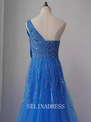 Mermaid One Shoulder Beaded Long Prom Dress Blue Dubai Evening Formal Gown EWR104|Selinadress