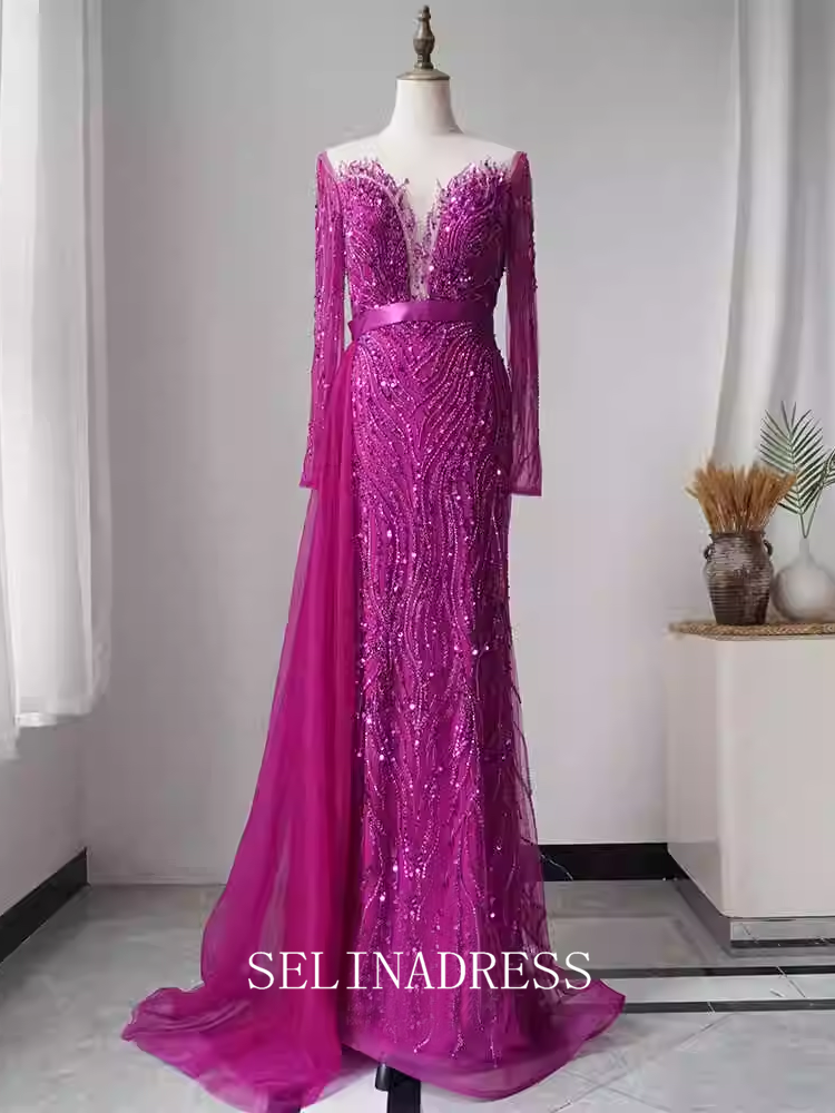 Mermaid Scoop Neck Beaded Long Prom Dress Long Sleeve Evening Formal Gown EWR107|Selinadress