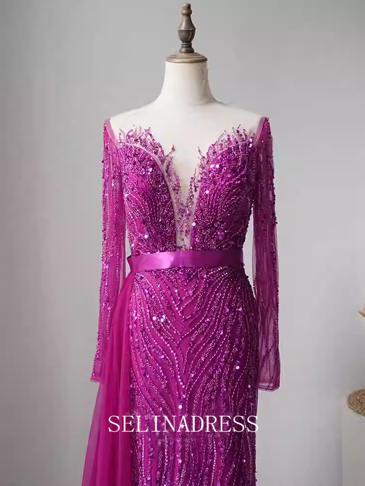 Mermaid Scoop Neck Beaded Long Prom Dress Long Sleeve Evening Formal Gown EWR107|Selinadress