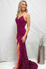 Mermaid Sequins Lace-Up Back Slit Long Prom Dress with Feathers Formal Gowns #POL118|Selinadress