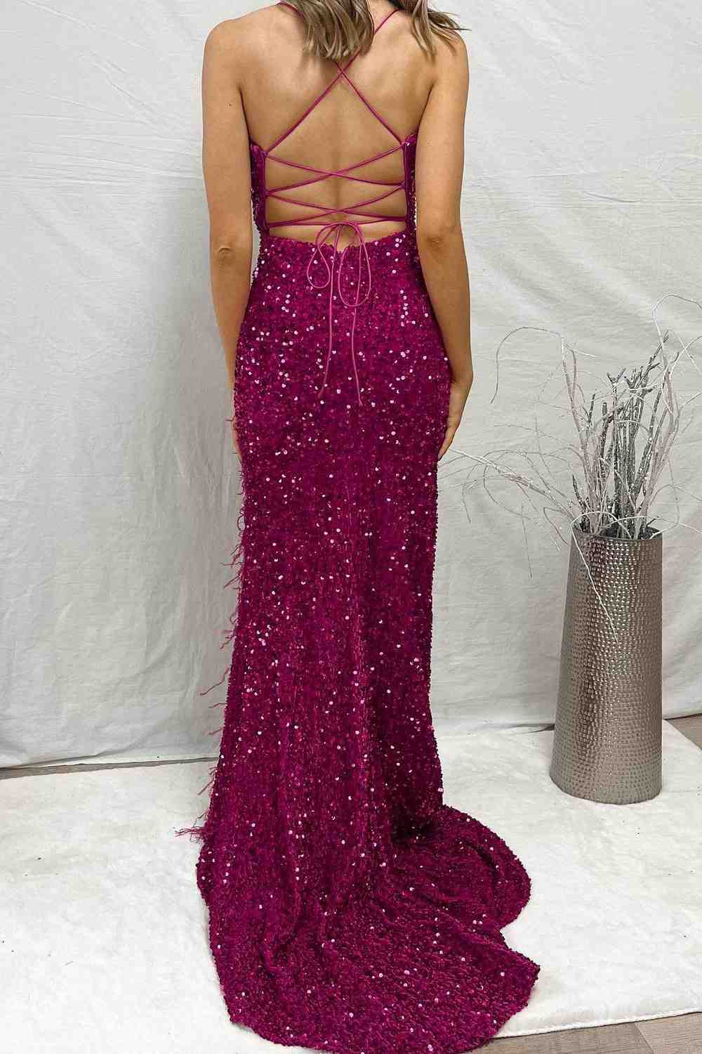 Mermaid Sequins Lace-Up Back Slit Long Prom Dress with Feathers Formal Gowns #POL118|Selinadress