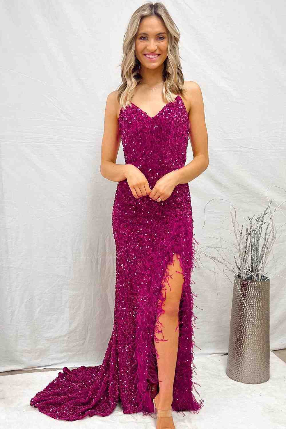 Mermaid Sequins Lace-Up Back Slit Long Prom Dress with Feathers Formal Gowns #POL118|Selinadress