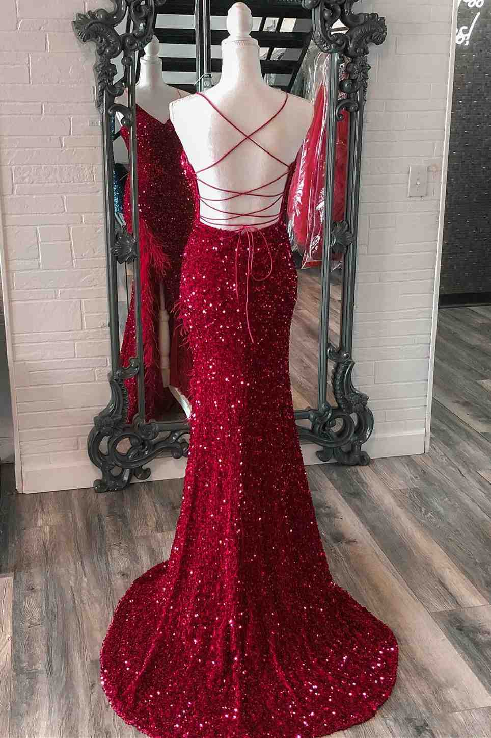 Mermaid Sequins Lace-Up Back Slit Long Prom Dress with Feathers Formal Gowns #POL118|Selinadress