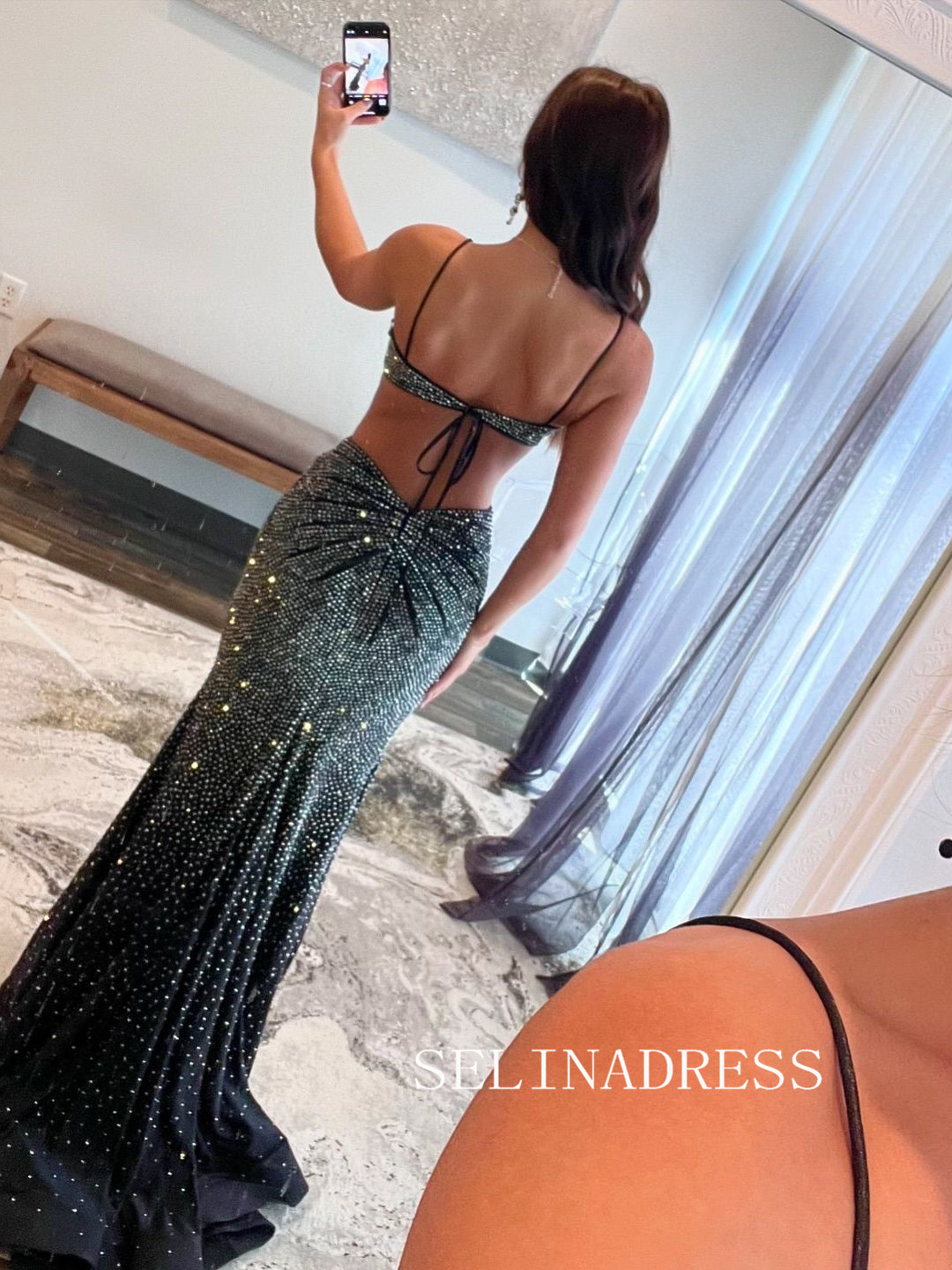 Mermaid Spaghetti Straps Black Long Prom Dresses Beaded Evening Dress ALI0214|Selinadress