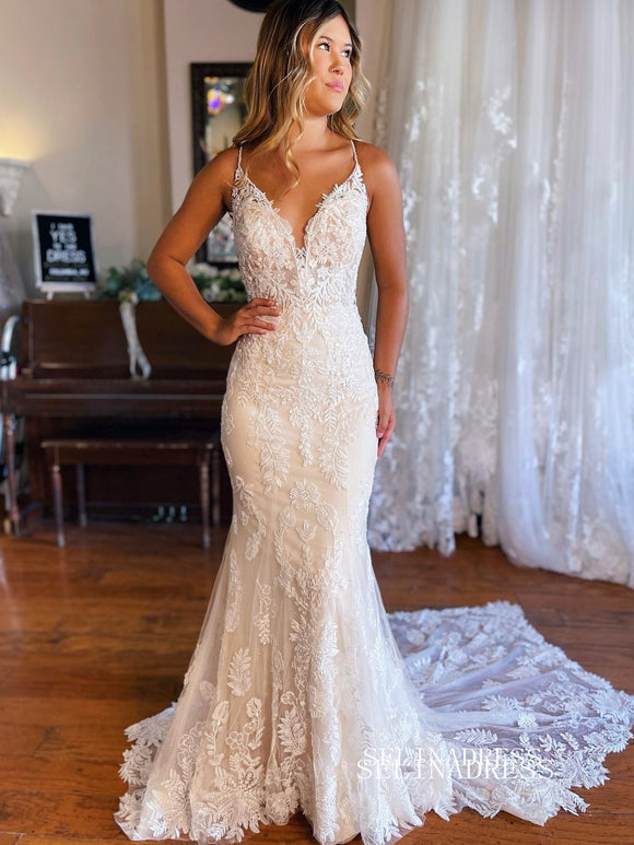 Mermaid Spaghetti Straps Lace Wedding Dresses Rustic Bridal Gowns EWR459|Selinadress