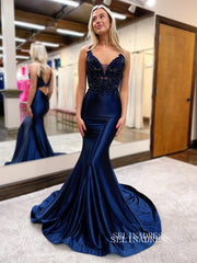 Mermaid Spaghetti Straps Long Prom Dress Satin Beaded Evening Dress EWR461|Selinadress