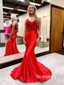 Mermaid Spaghetti Straps Long Prom Dress Satin Beaded Evening Dress EWR461|Selinadress