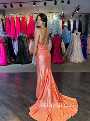 Mermaid Spaghetti Straps Orange Hot Drilling Long Prom Dress SER603|Selinadress