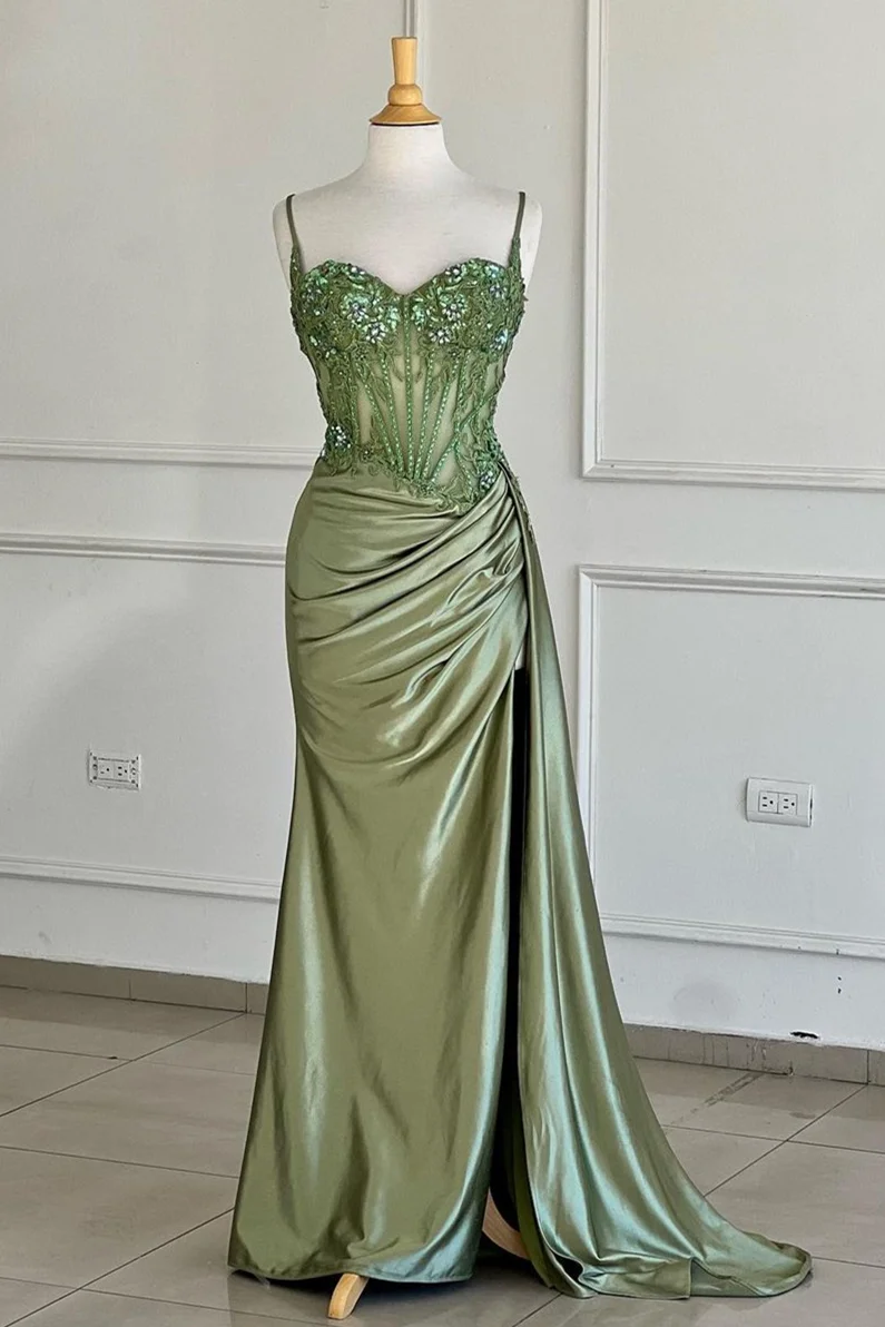 Mermaid Spaghetti Straps Sage Corset Prom Dress with Appliques sew1089|Selinadress