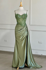 Mermaid Spaghetti Straps Sage Corset Prom Dress with Appliques sew1089|Selinadress