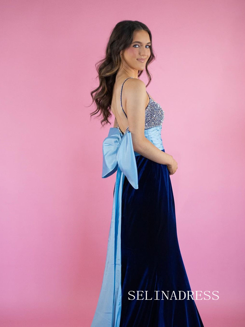 Mermaid Spaghetti Straps Sky Blue Beaded Long Prom Dress With Bowknot sew0603|Selinadress