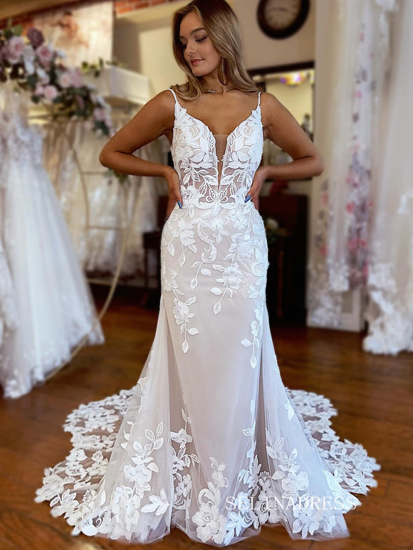 Mermaid Spaghetti Straps White Applique Lace Wedding Dress With Sweep Train EWR401|Selinadress