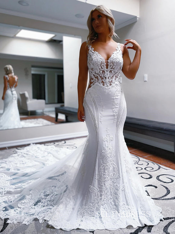 Mermaid Spaghetti Straps White Lace Wedding Dress  With Sweep Train EWR399|Selinadress