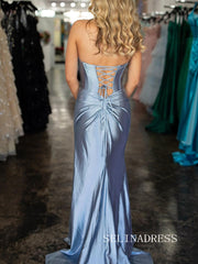 Mermaid Strapless Blue Long Prom Dress Evening Dress With Slit sew0615|Selinadress