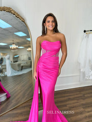 Mermaid Strapless Hot Pink Long Prom Dress Evening Dress With Slit SEW1156|Selinadress