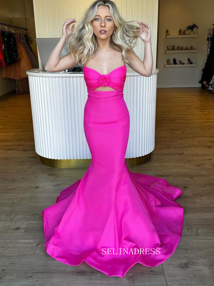 Mermaid Strapless Hot Pink Long Prom Dress Satin Evening Dress sew1039