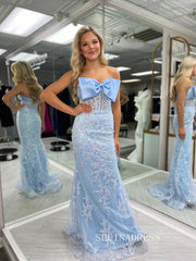 Mermaid Strapless Light Sky Blue Bow Long Formal Dress With Lace Appliques SED0017|Selinadress