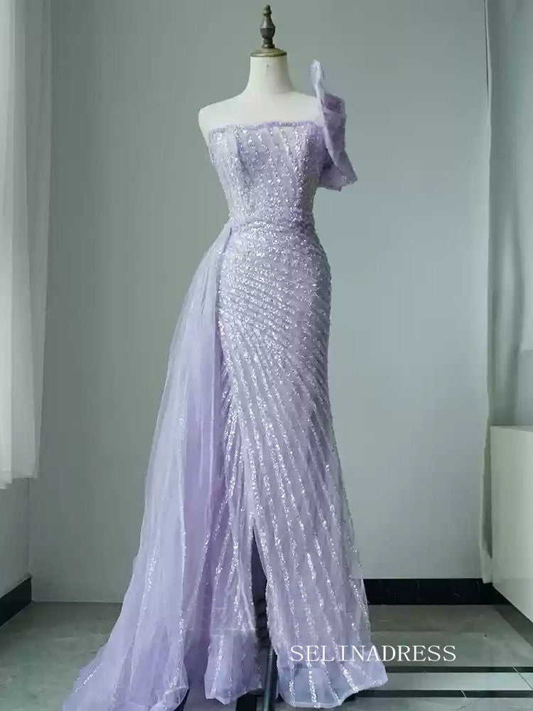 Mermaid Strapless Lilac Long Prom Dress Beaded Evening Gowns CN006|Selinadress