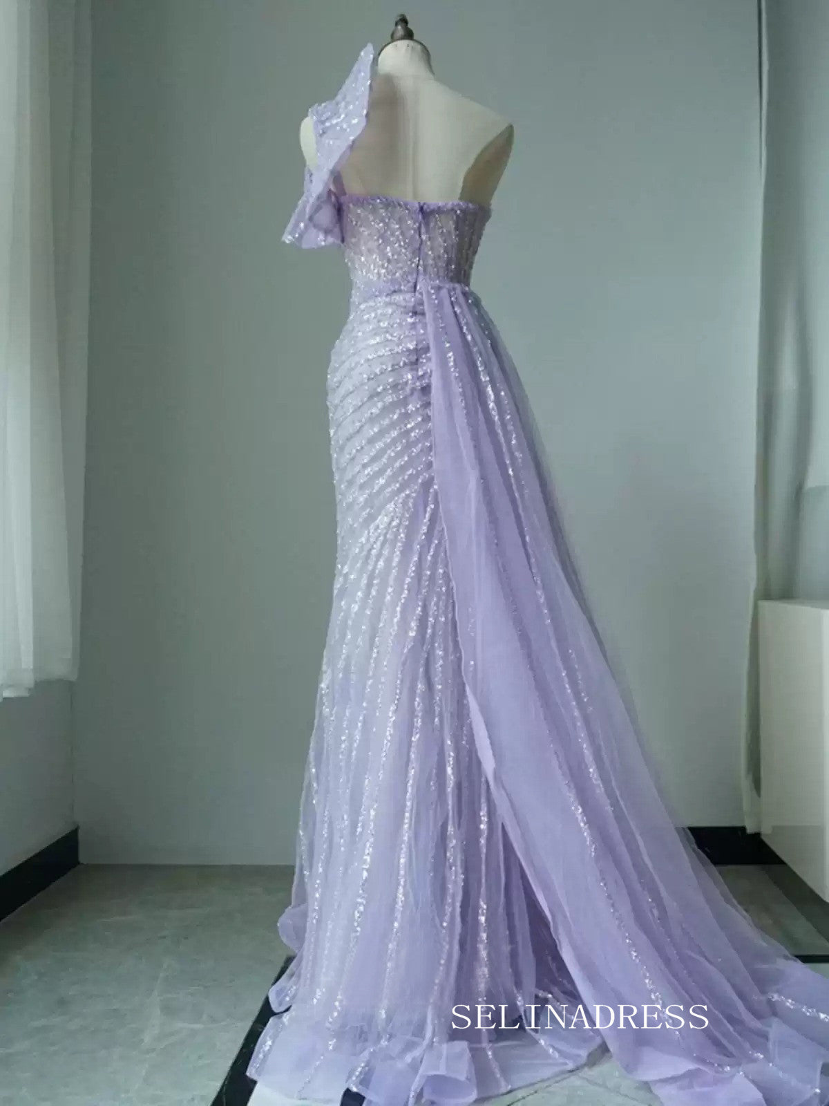 Mermaid Strapless Lilac Long Prom Dress Beaded Evening Gowns CN006|Selinadress