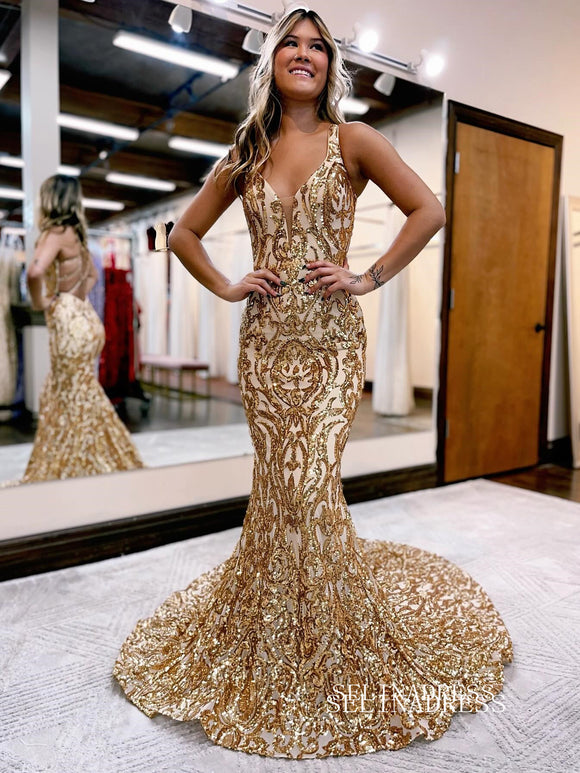 Mermaid Straps Long Prom Dress Sparkly Evening Dress EWR465|Selinadress
