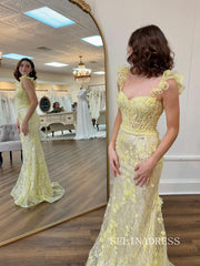 Mermaid Straps Sweetheart Yellow Lace Long Prom Dress SEW1151|Selinadress