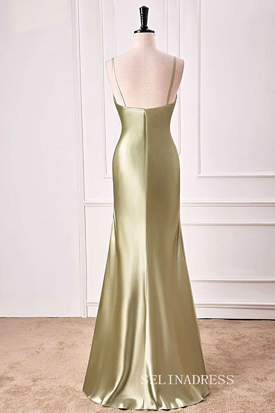 Mermaid V neck Dusty Sage Satin Long Prom Dress lps028|Selinadress