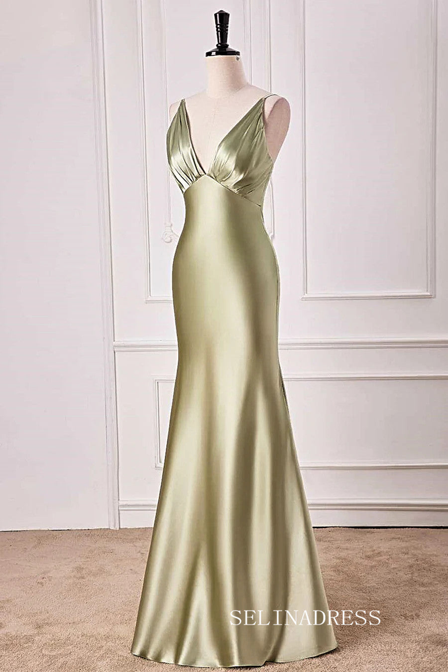 Mermaid V neck Dusty Sage Satin Long Prom Dress lps028|Selinadress