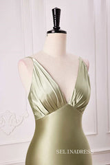 Mermaid V neck Dusty Sage Satin Long Prom Dress lps028|Selinadress