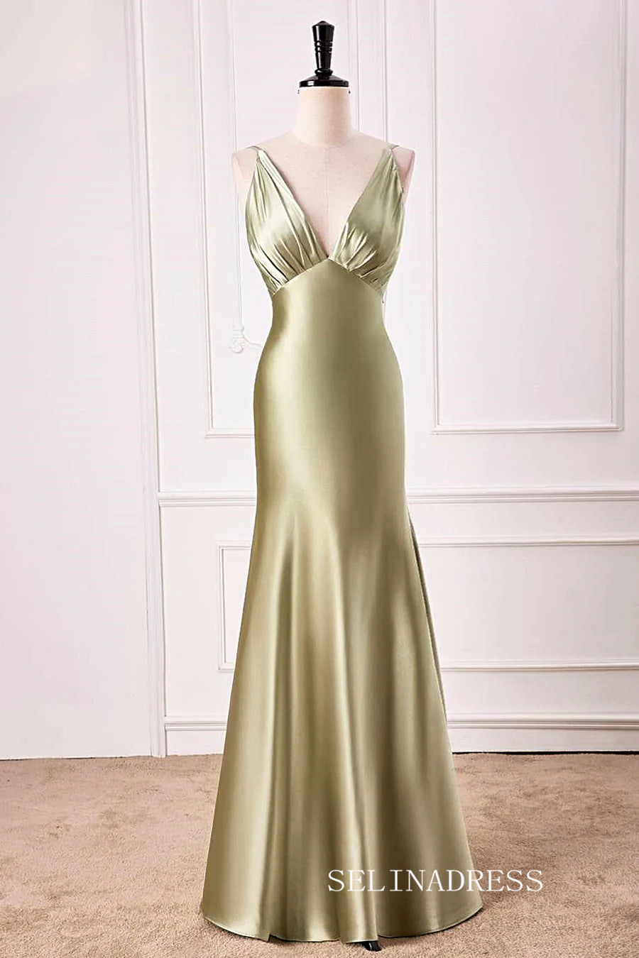 Mermaid V neck Dusty Sage Satin Long Prom Dress lps028|Selinadress