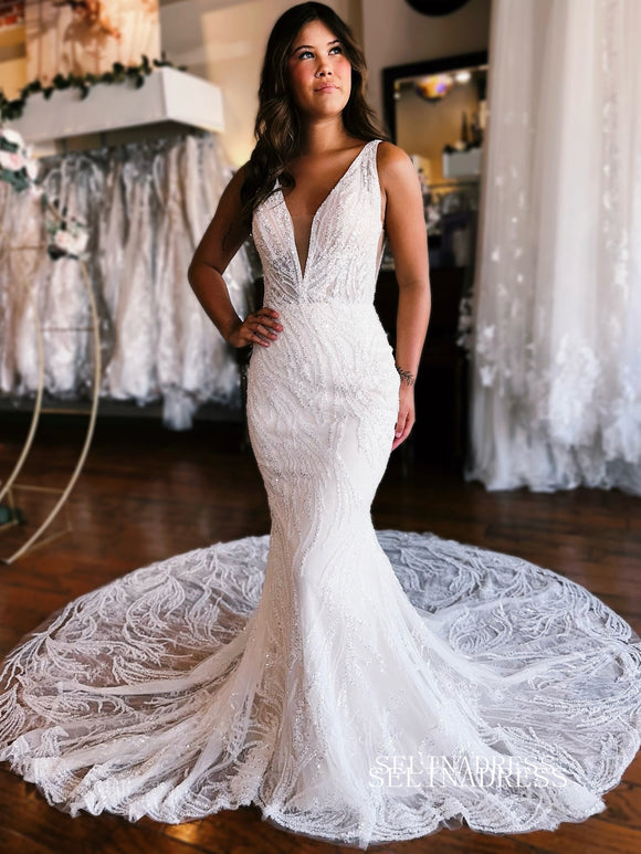 Mermaid V neck White Wedding Dresses Sparkly Bridal Gowns EWR459|Selinadress