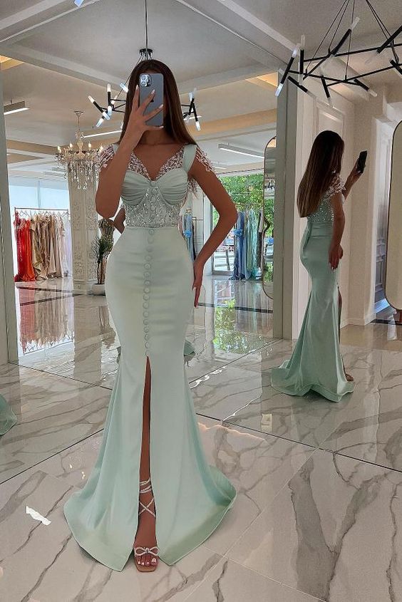 Mint Green Satin Mermaid Prom Dress Front Split Sweetheart Sequins Long Evening Party Dress #SEK192|Selinadress