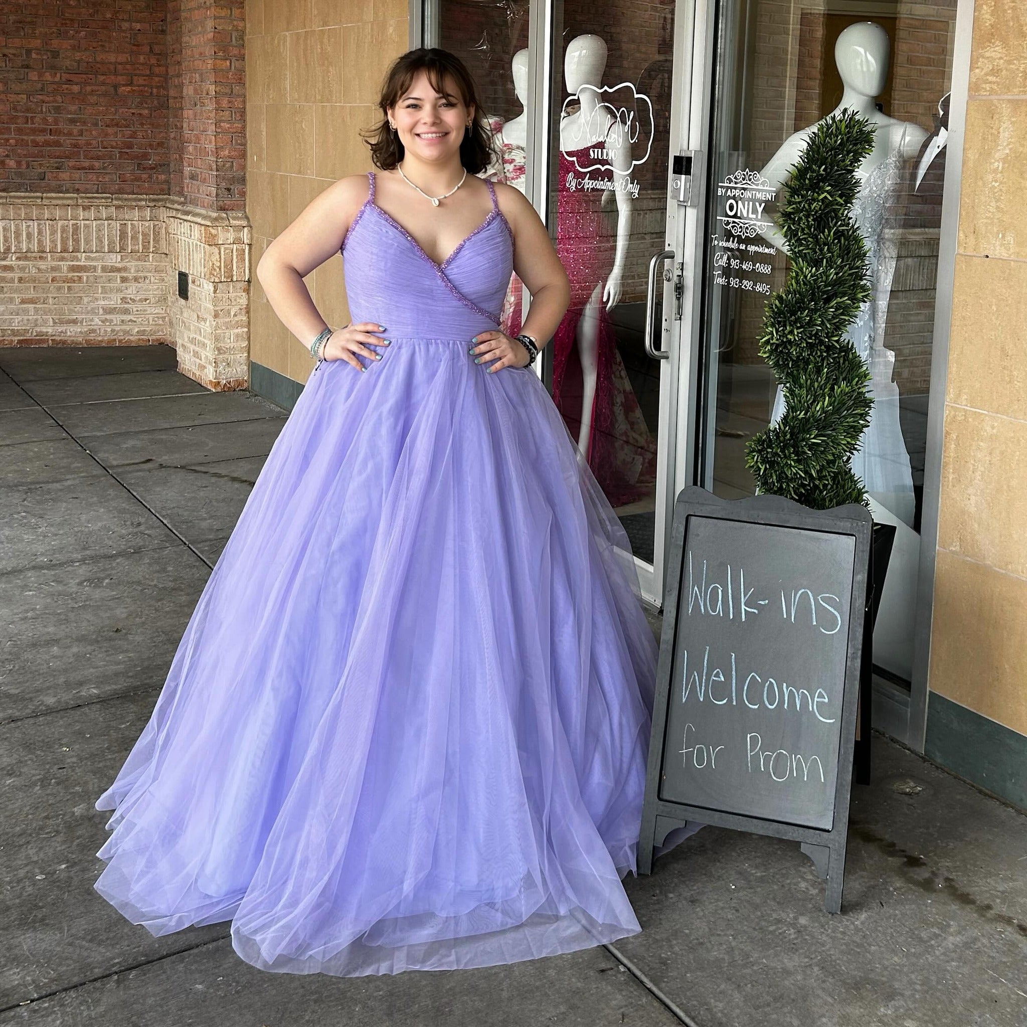 A-line V neck Lavender Ball Gown Tulle Long Prom Dress sew1098|Selinadress