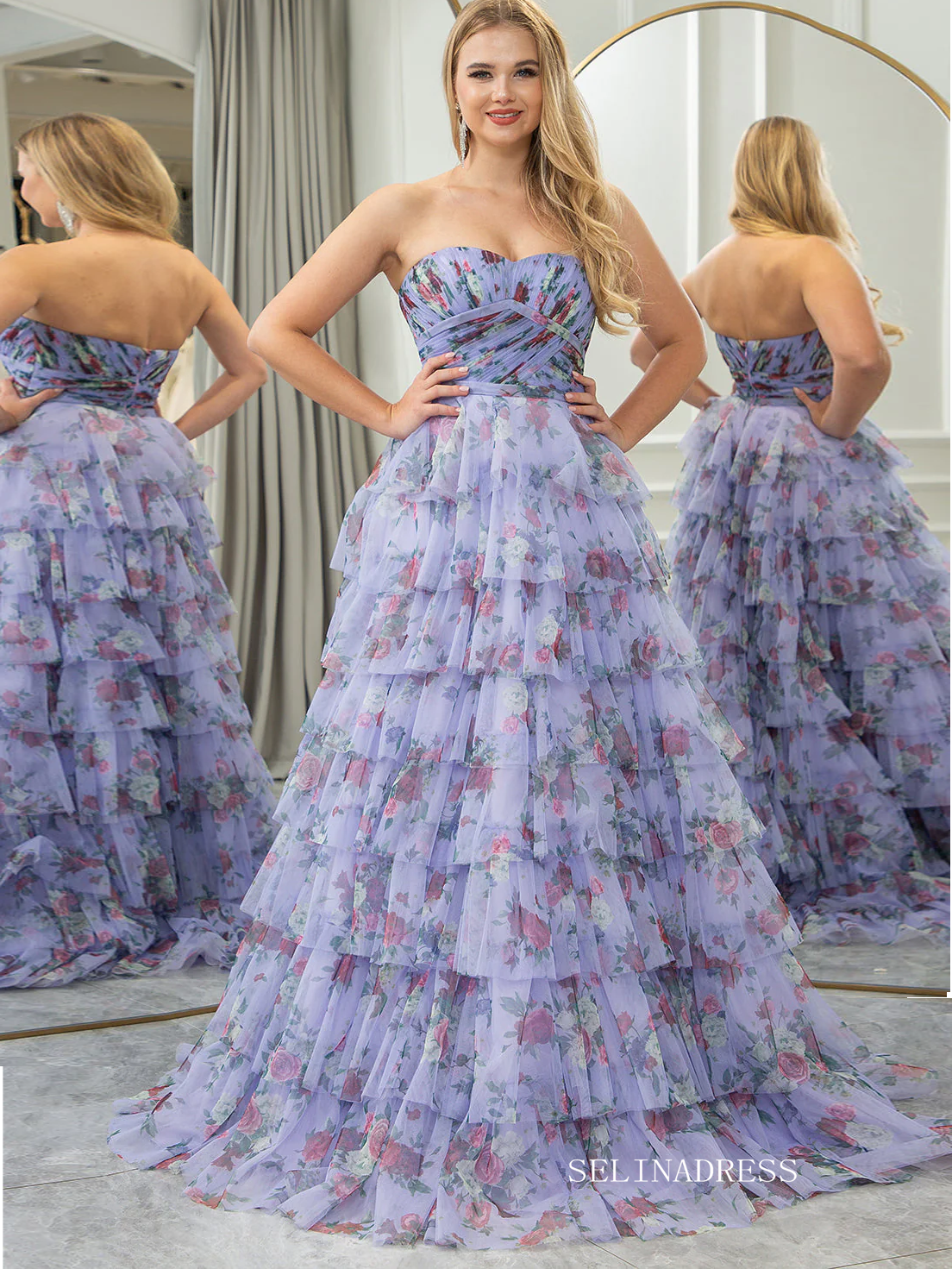 Off Shoulder A-line Blue Ruched Tiered Floral Blue Long Prom Dress lps008|Selinadress