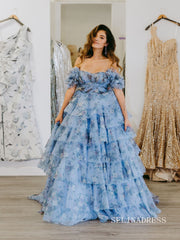 Off Shoulder A-line Blue Ruched Tiered Floral Blue Long Prom Dress lps008|Selinadress