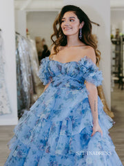 Off Shoulder A-line Blue Ruched Tiered Floral Blue Long Prom Dress lps008|Selinadress