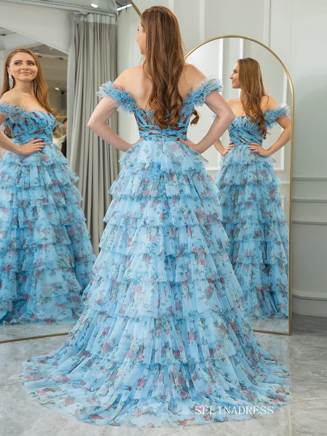 Off Shoulder A-line Blue Ruched Tiered Floral Blue Long Prom Dress lps008|Selinadress