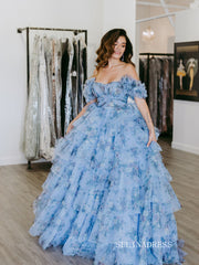 Off Shoulder A-line Blue Ruched Tiered Floral Blue Long Prom Dress lps008|Selinadress