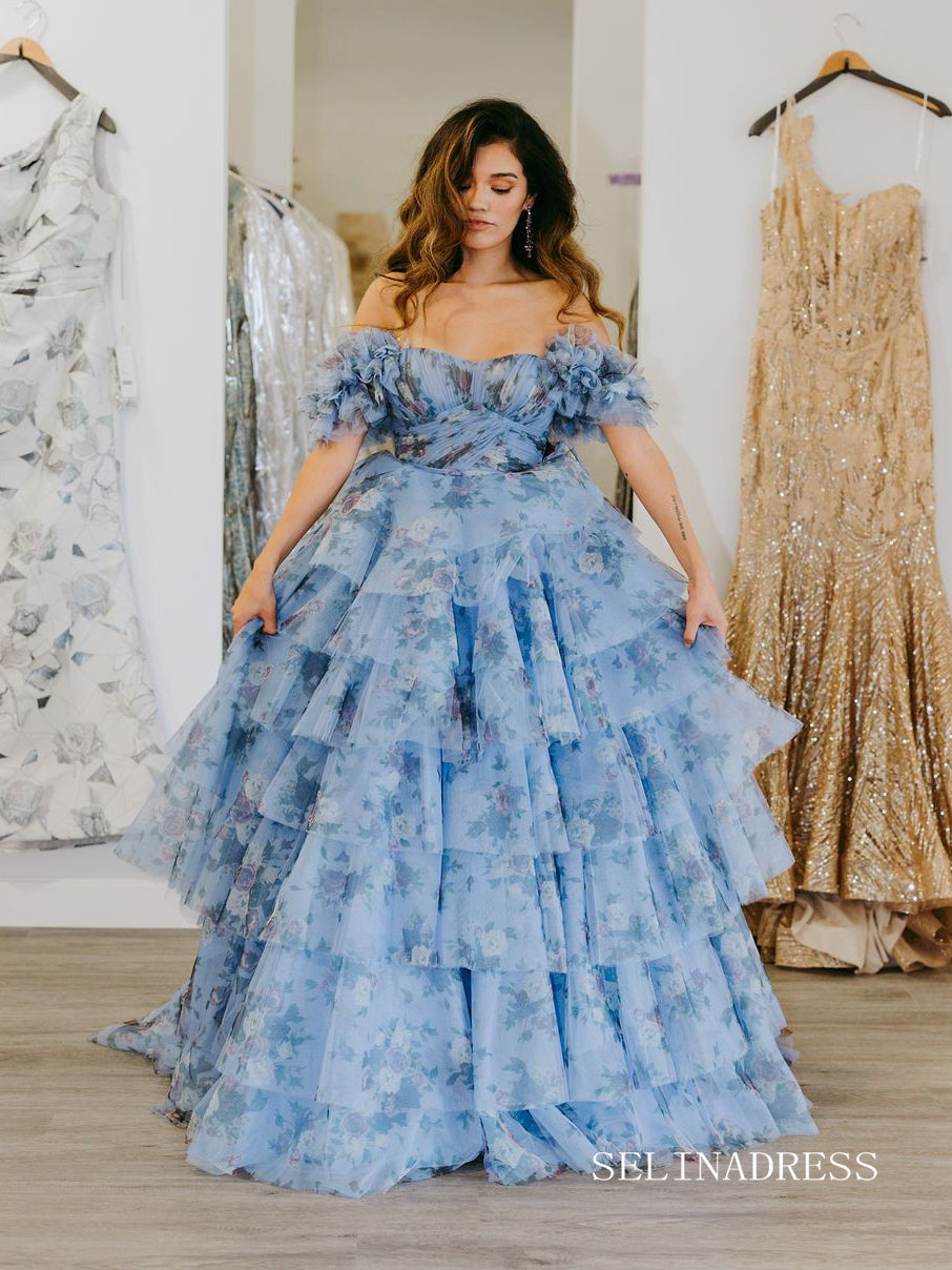 Off Shoulder A-line Blue Ruched Tiered Floral Blue Long Prom Dress lps008|Selinadress