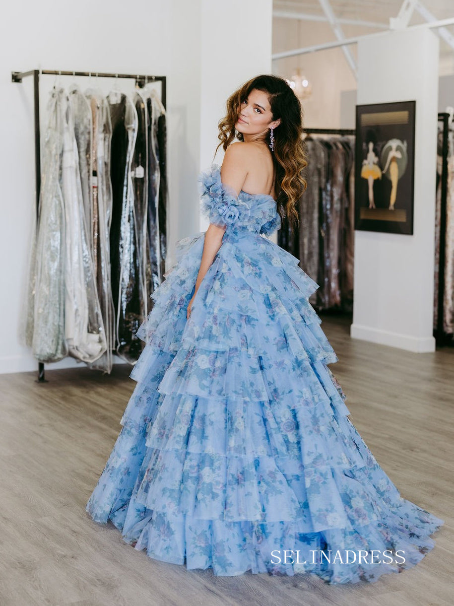 Off Shoulder A-line Blue Ruched Tiered Floral Blue Long Prom Dress lps008|Selinadress