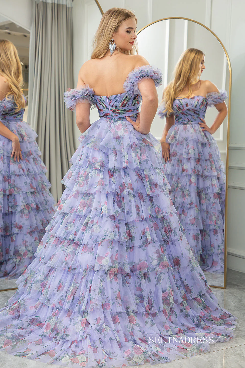 Off Shoulder A-line Blue Ruched Tiered Floral Blue Long Prom Dress lps008|Selinadress