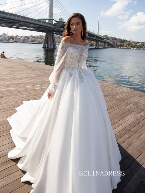 A-line Off-the-shoulder Lace Wedding Dresses With Sleeve Princess Wedd –  SELINADRESS