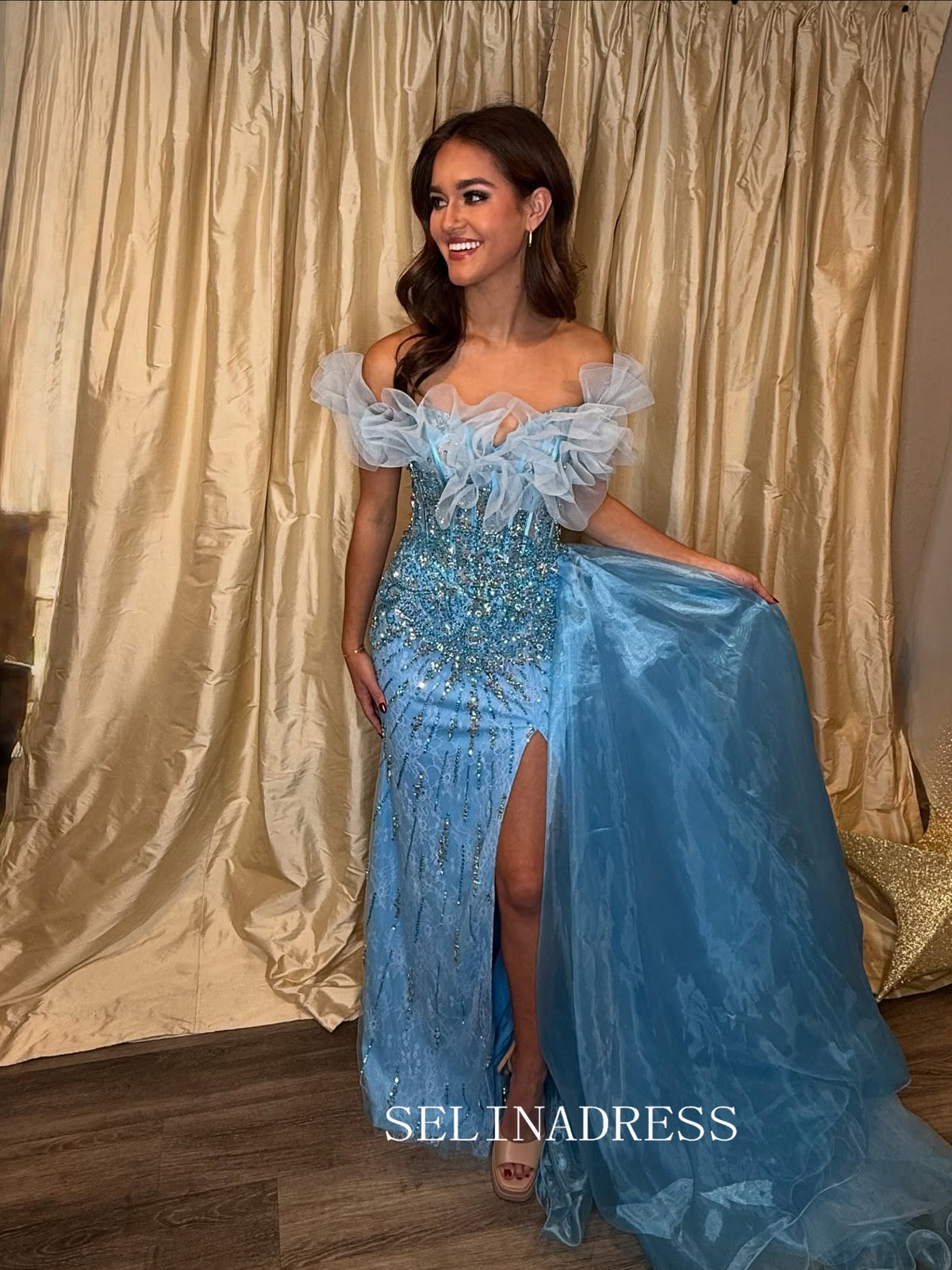 Off-the-shoulder Blue Long Prom Dress Beaded Evening Dresses With Slit SED0042|Selinadress