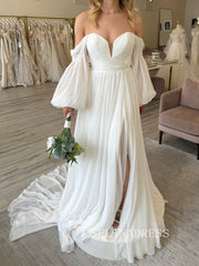 Off the shoulder Chiffon Puff Sleeve White Wedding Dress Light Bridal Dresses #SER004|Selinadress