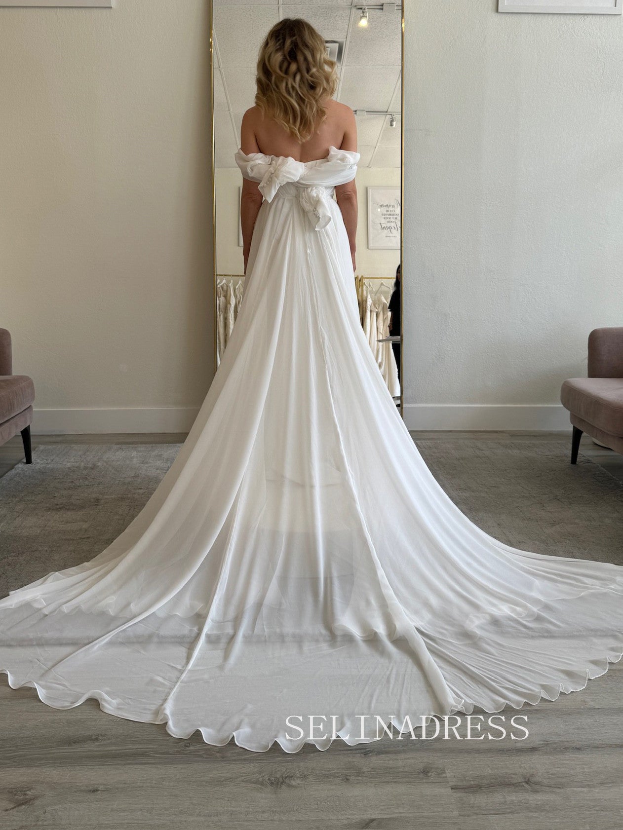 Off the shoulder Chiffon Puff Sleeve White Wedding Dress Light Bridal Dresses #SER004|Selinadress