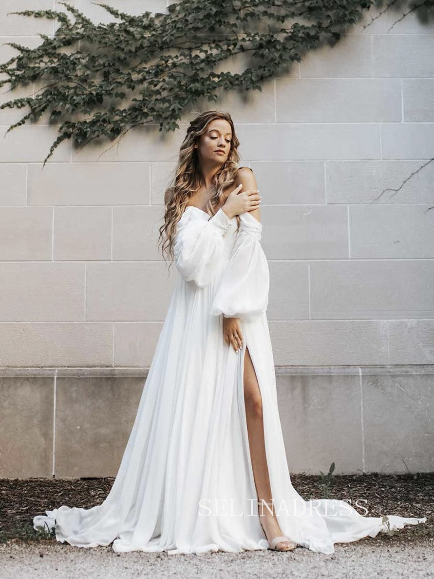 Off the shoulder Chiffon Puff Sleeve White Wedding Dress Light Bridal Dresses #SER004|Selinadress