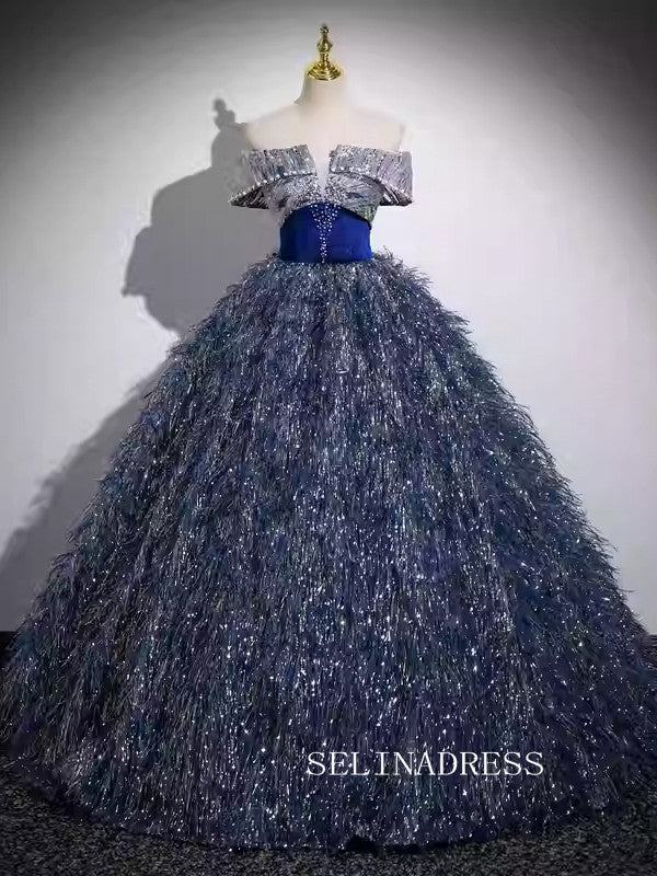 Off-the-shoulder Dark Navy Ball Gown Princess Dress Sparkly Tulle Formal Dress JKL2595