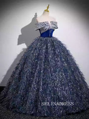 Off-the-shoulder Dark Navy Ball Gown Princess Dress Sparkly Tulle Formal Dress JKL2595